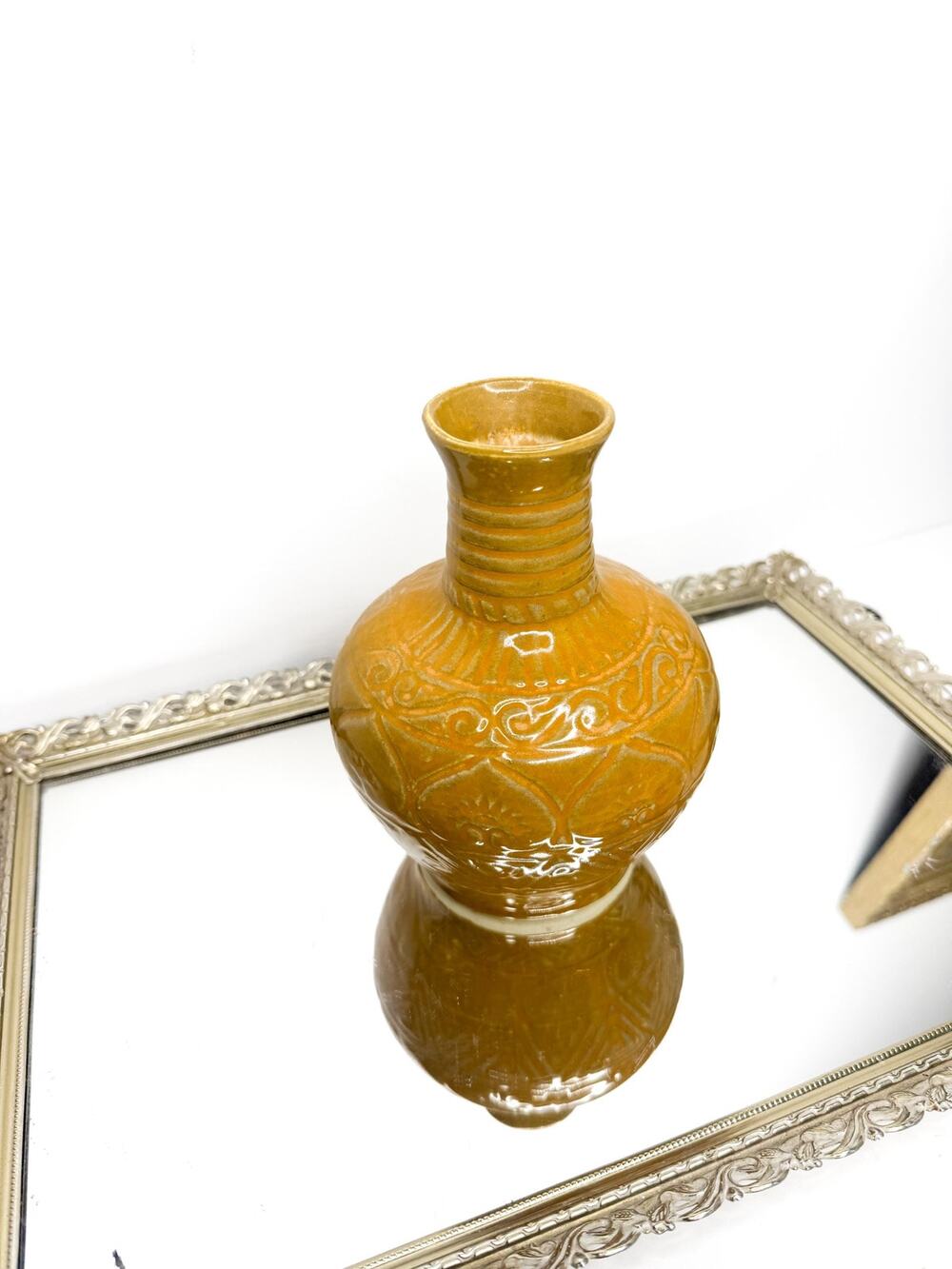Vintage Handmade in Vietnam Mustard Yellow Vase with Incised Designs